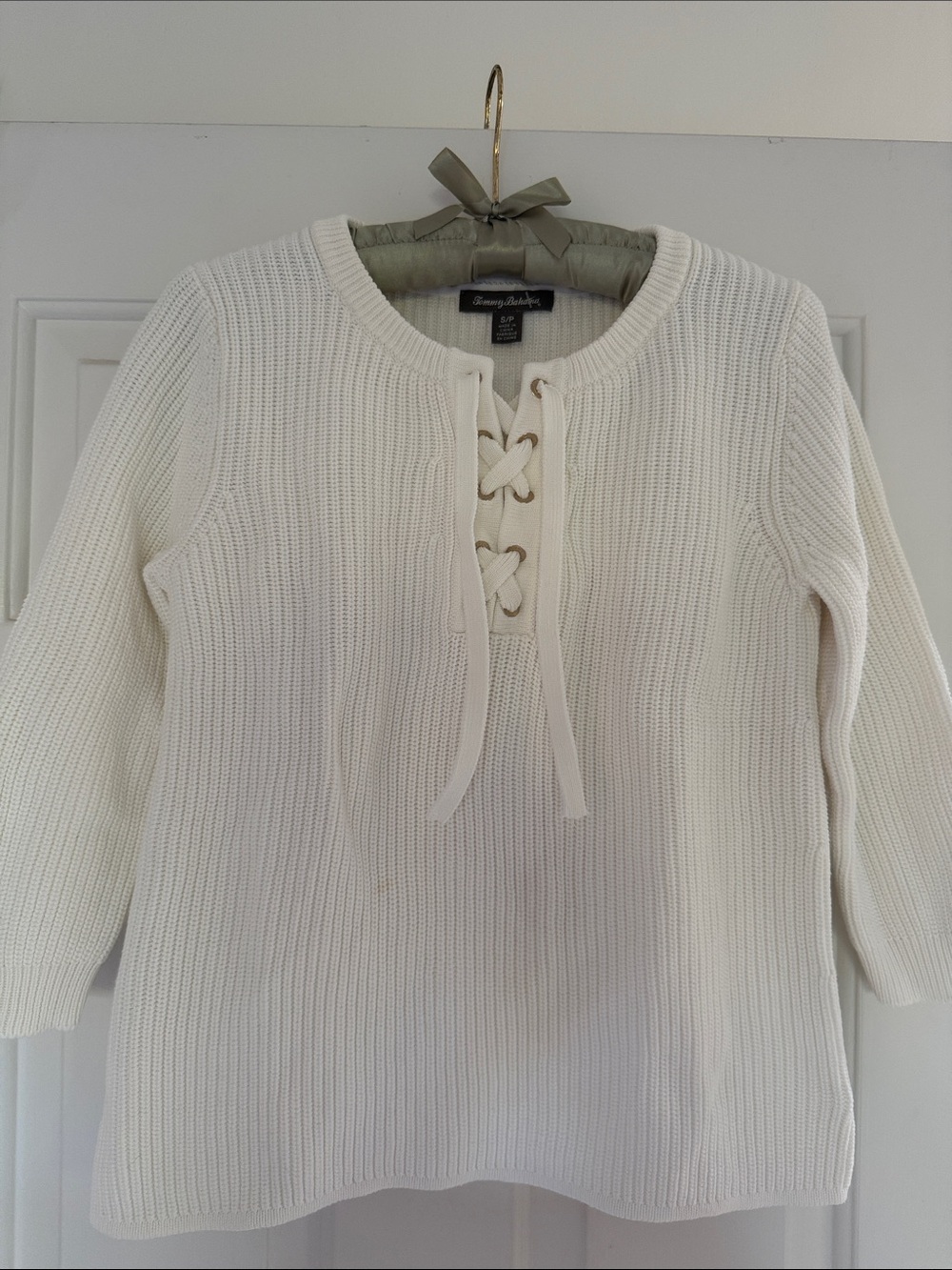 Tommy Bahama Off White Lace-Up Ribbed Knit Women’s Crew Sweater - Size S/P